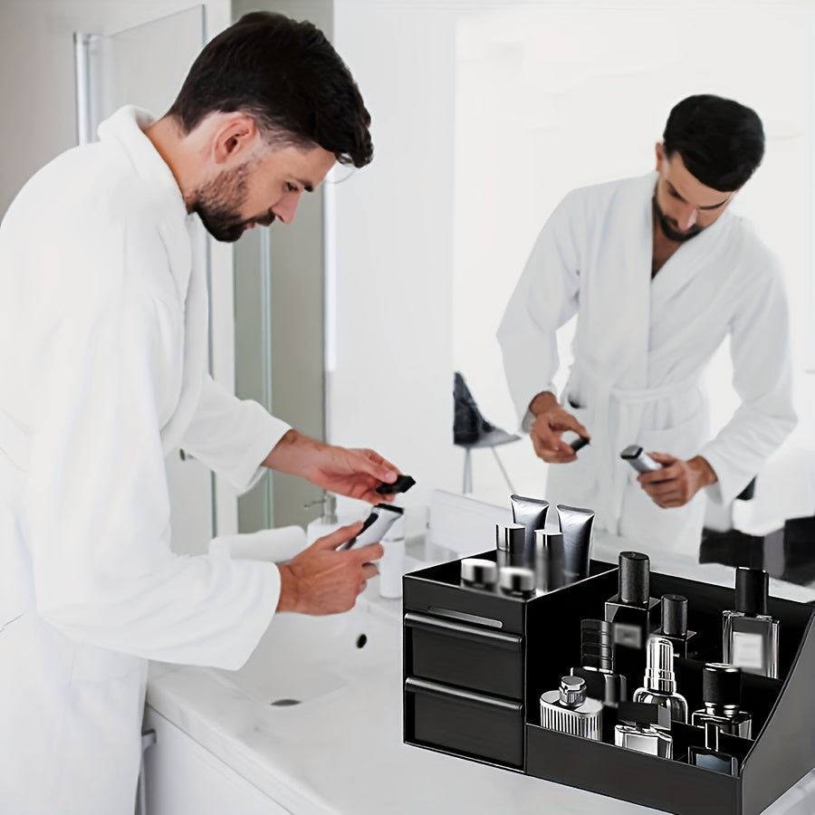 Organisateur de comptoir pour homme en plastique, compartiments multiples et étagères réglables, rangement moderne pour parfums, soins et articles de toilette, gain de place.