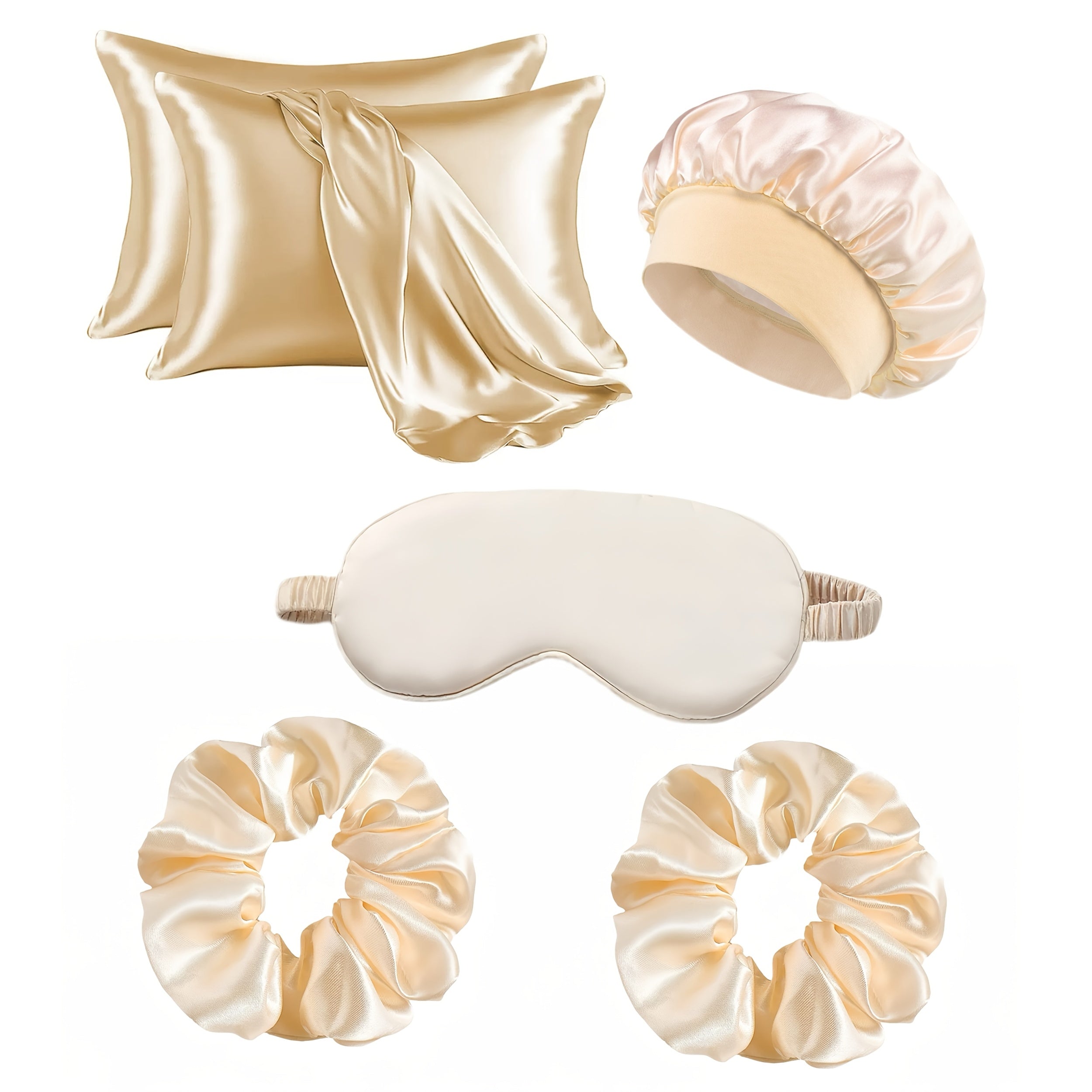 Lot de 6 accessoires capillaires femme : taies satin, bonnet de nuit détachable, masque yeux respirant, bandeau large avec nœud.