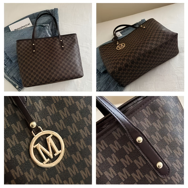 Large designer-inspired women's tote bag, geometric synthetic leather, removable gold chain shoulder strap, 'M' monogram, lightweight for office, school or shopping.