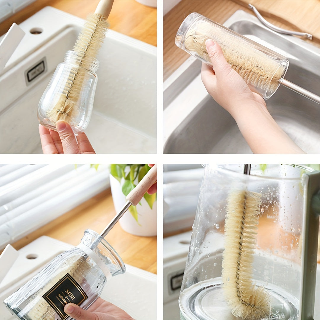 Set of 4 Multi-Size Cleaning Brushes: Wooden handles, reusable and ergonomic, ideal for kitchen, bottles and household cleaning, with a long brush with a hanging hole.