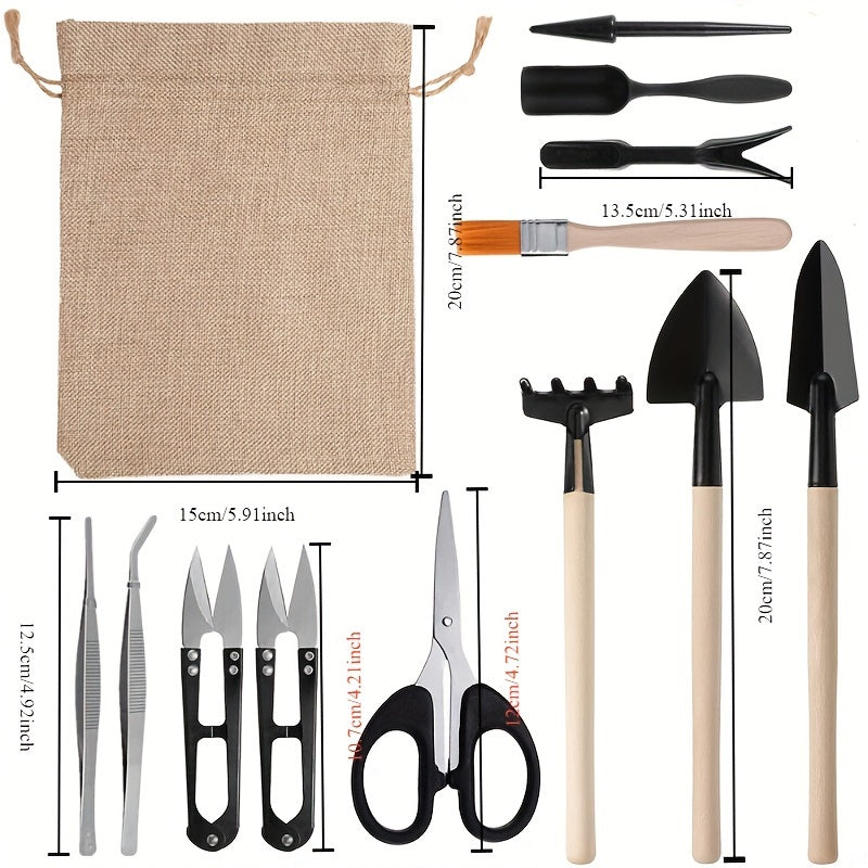 13-piece mini gardening tool kit, metal and wood, ideal for bonsai and transplanting, comes with a handy pouch.