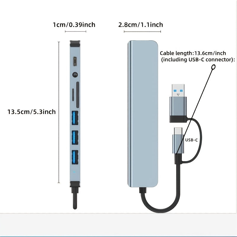 Multifunctional USB &amp; Type-C hub, with USB 3.0, USB-C, SD/TF and 3.5mm audio, versatile docking station for smartphones, tablets and computers.