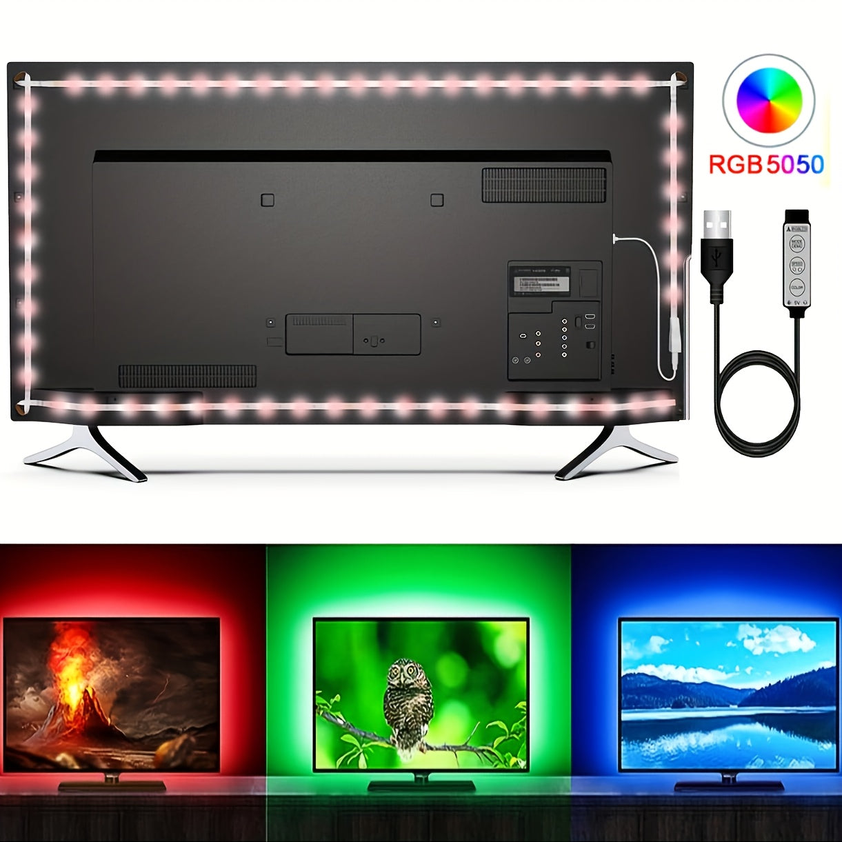 Barre LED de Rétroéclairage TV 196 po : 8 couleurs réglables, modes dynamiques, USB, idéale gaming, ambiance colorée et décoration TV.