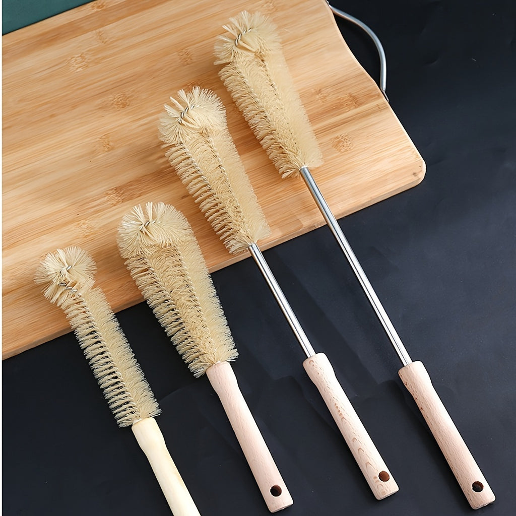 Set of 4 Multi-Size Cleaning Brushes: Wooden handles, reusable and ergonomic, ideal for kitchen, bottles and household cleaning, with a long brush with a hanging hole.