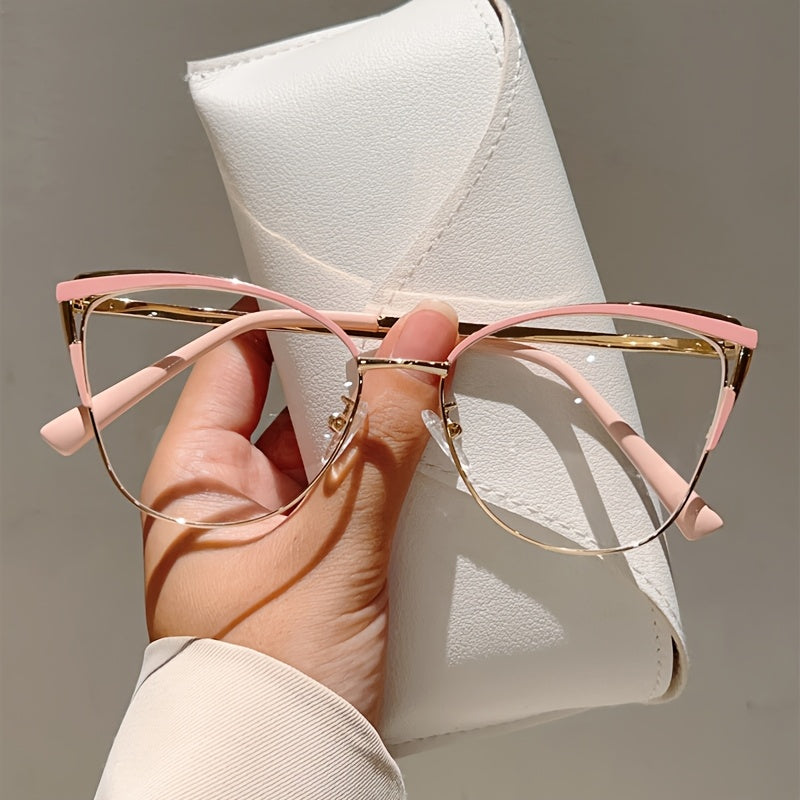 Pair of cat-eye style glasses for women, lightweight metal frame, retro style, elegant pink color, non-prescription.