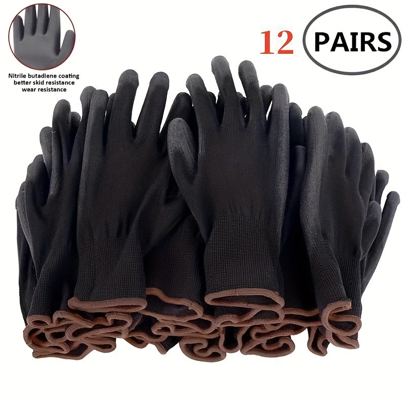 Lot de 12 paires de gants de travail résistants, antidérapants et antistatiques, adaptés jardinage, bricolage et usage industriel sécuritaire.