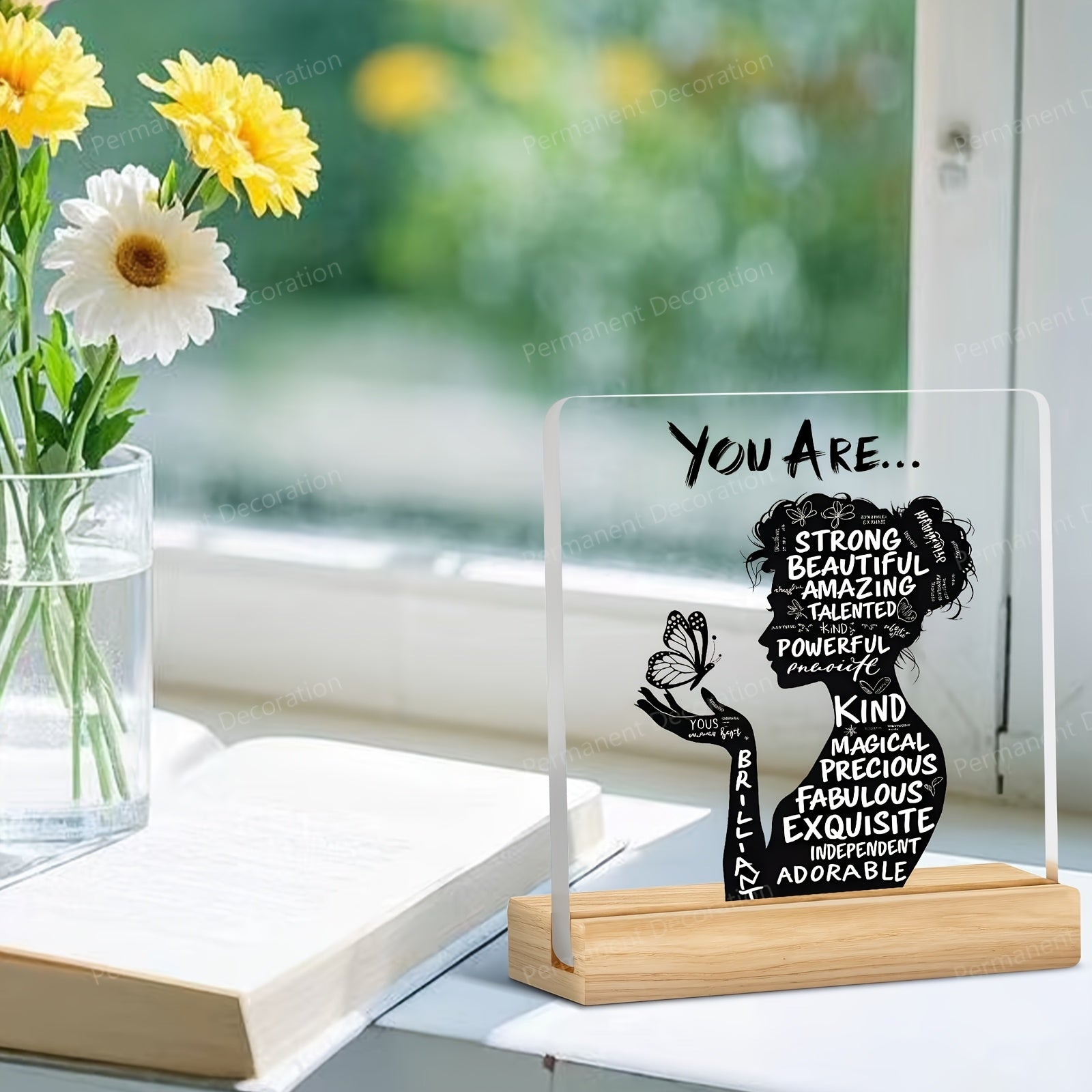 2D acrylic desk decoration with positive affirmations "You Are Powerful, Beautiful, Amazing", elegant design, ideal for home, office or cafe, perfect gift.
