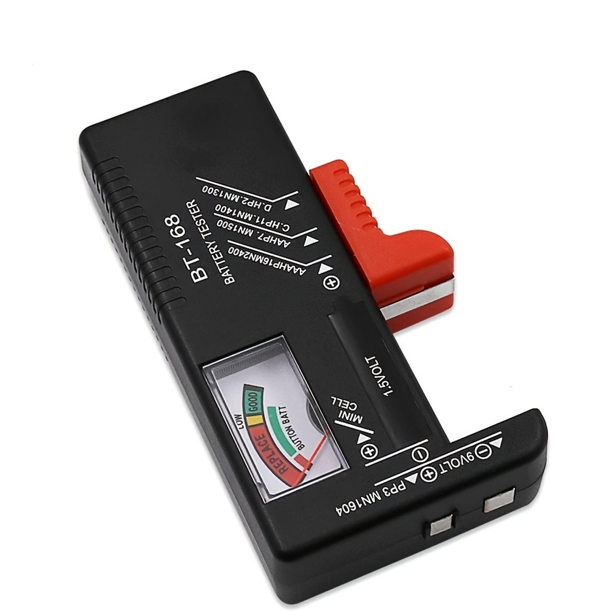 Testeur universel de batteries BT-168, contrôle rapide AA/AAA/C/D/9V avec indicateurs colorés pour évaluer clairement l’état de charge.