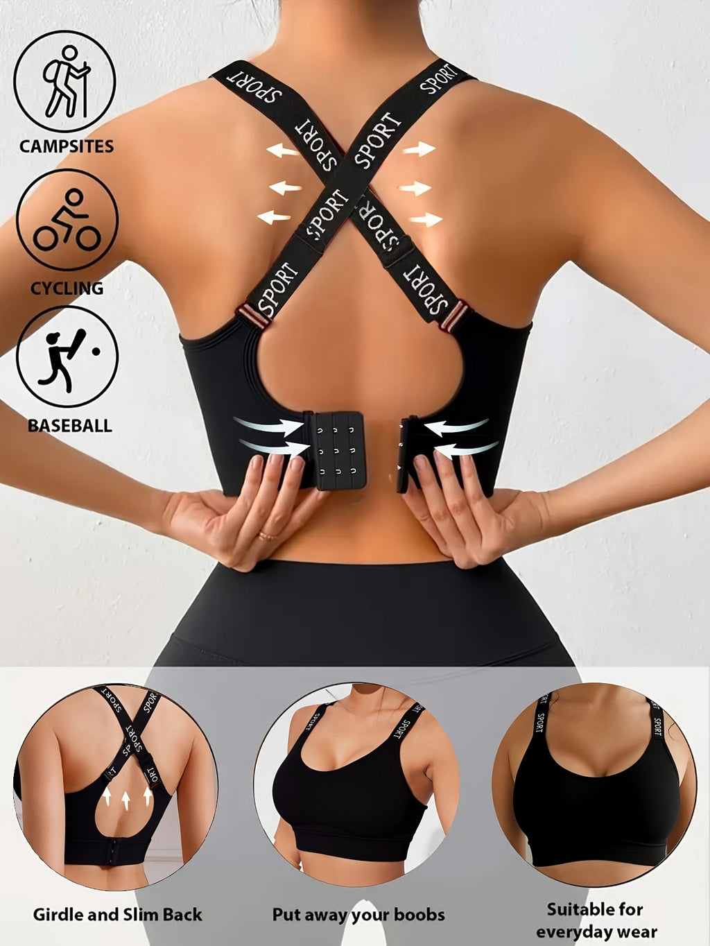 Brassière sport sans coutures, maintien confortable, design croisé dos nu, absorbe les chocs, idéale pour yoga, fitness et course.