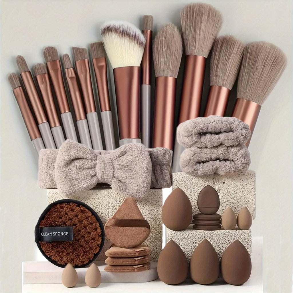 Set maquillage professionnel 13/20/33 pièces avec accessoires : pinceaux nylon, bandeau, éponges et accessoires pour application précise et complète.