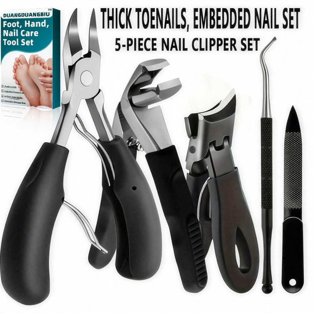 Kit de soin des ongles 5 pièces en acier inoxydable, robuste, coupe-ongles pour ongles incarnés/épais, limes et pinces cuticules, manches noirs.