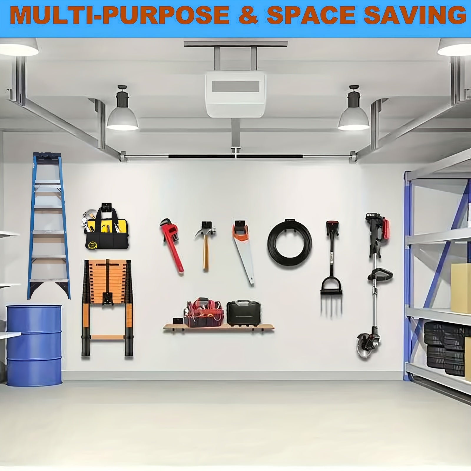 Crochet mural métallique robuste orange/noir/bleu, support outils et balais, facile à installer, idéal garage, jardin, suspend pelles, cordes, échelles et outils électriques.