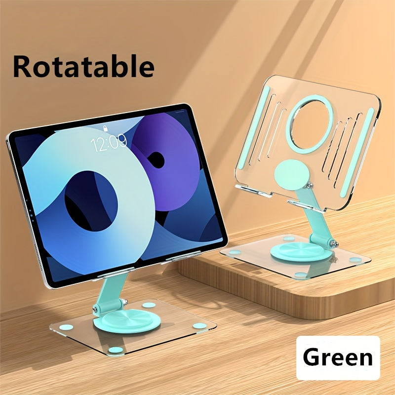 360° rotating acrylic stand for tablet and computer, adjustable and foldable, ergonomic, with heat dissipation, ideal for reading, gaming or video conferencing.