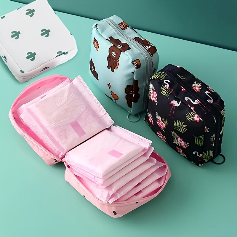 Pochette de rangement hygiénique pour serviettes et tampons, compacte et portable, idéale pour kit menstruel féminin en déplacement.
