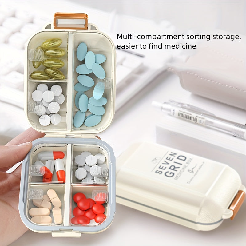 7-day pillbox with orange handles, large capacity, dust and moisture resistant, ideal for vitamins and medications while traveling.
