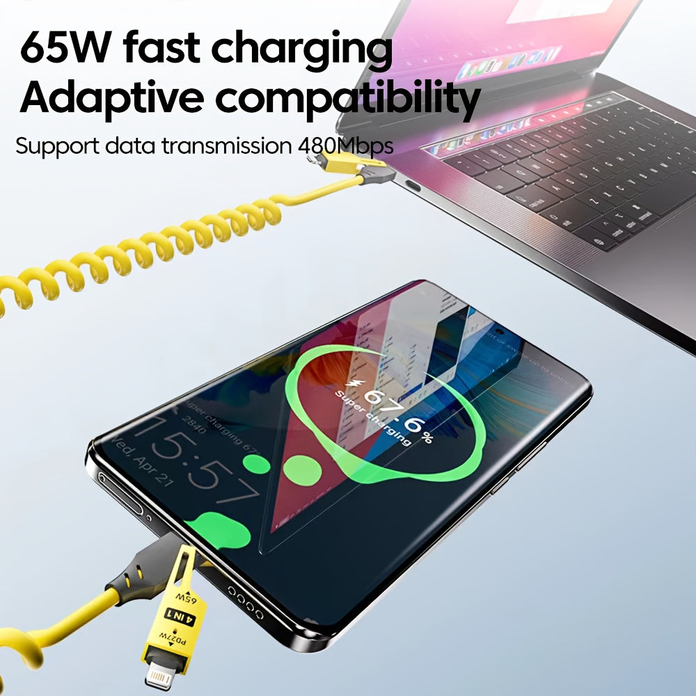 4-in-1 65W Retractable USB-C Cable: PD fast charging, data sync, silicone, multi-port with indicator, compatible with iPhone, iPad, Samsung, Huawei, Xiaomi, OPPO.