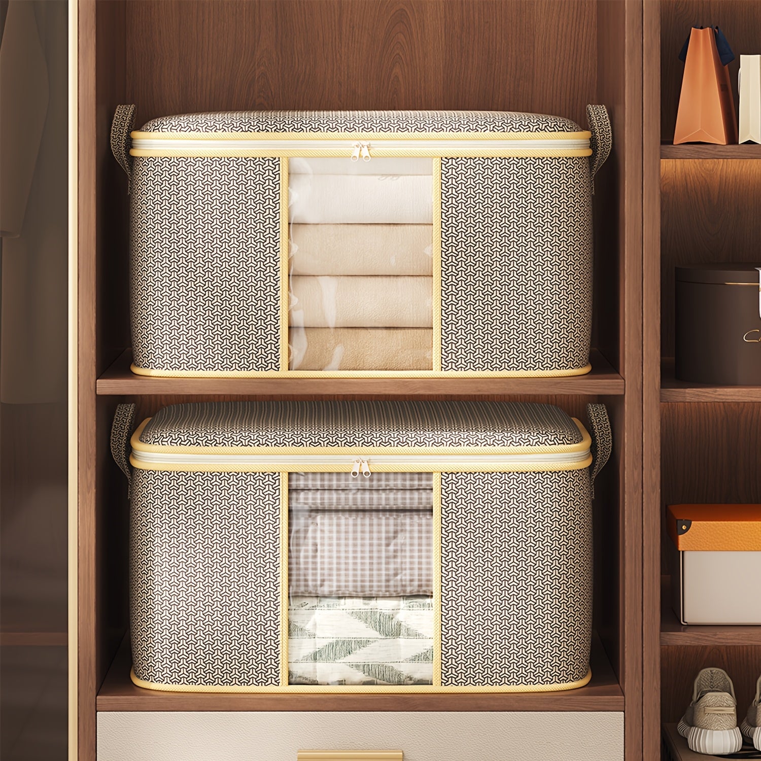 Lot de 2 sacs de rangement robustes, pour couettes et couvertures, avec poignées et fenêtre transparente, en tissu, style moderne, rangement sous-lit polyvalent.