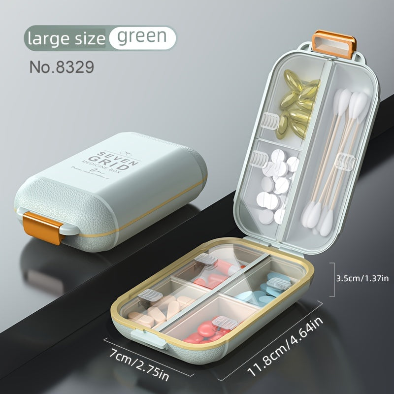 7-day pillbox with orange handles, large capacity, dust and moisture resistant, ideal for vitamins and medications while traveling.
