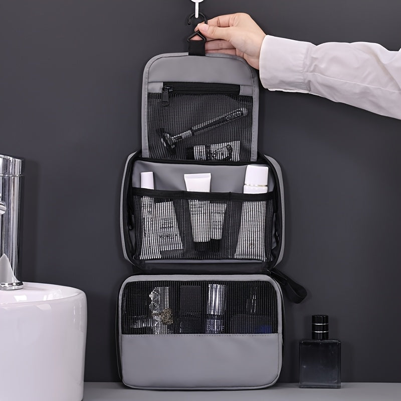 Grande trousse de toilette de voyage, résistante, multi-compartiments avec poches filet, idéale pour maquillage, salle de bain et déplacements.