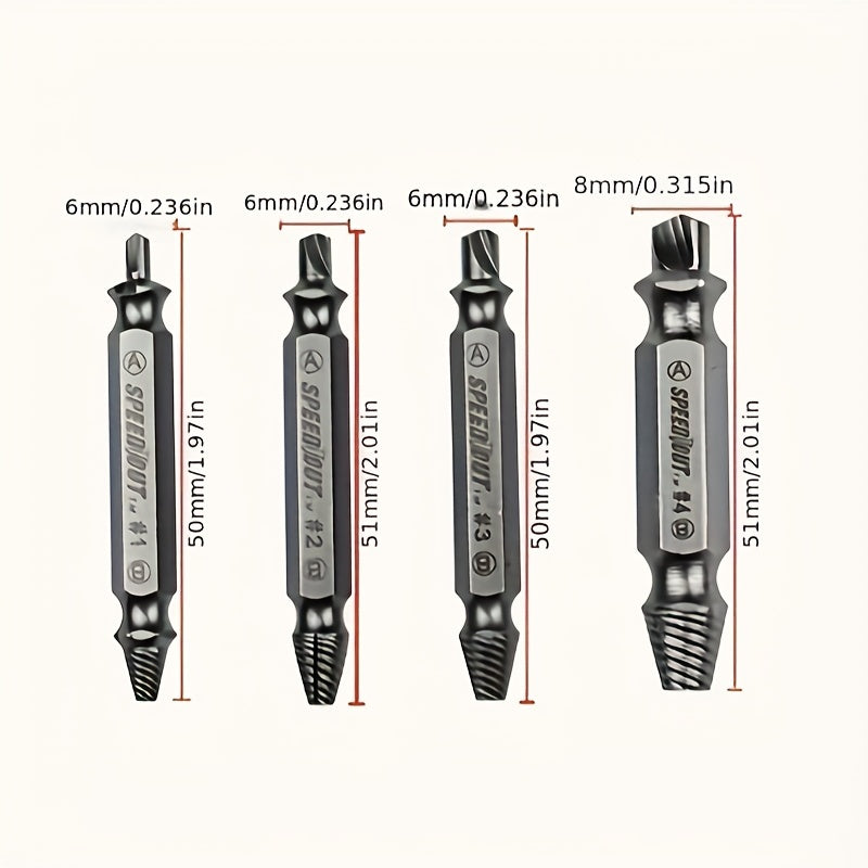Lot de 4 accessoires extracteurs de vis, pour retirer facilement vis abîmées ou coincées.