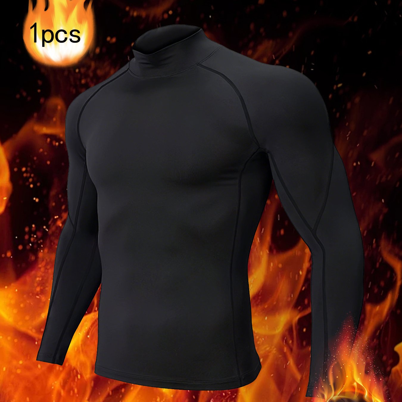 T-shirt thermique homme à manches longues, slim fit, tissu extensible, col montant, idéal pour sport, course et activités extérieures en conditions froides.