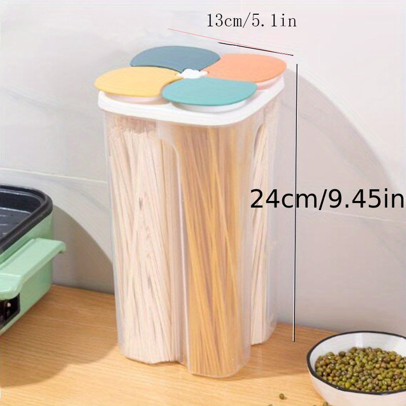 Boîte de Rangement Alimentaire 4 Compartiments : Transparente, hermétique et anti-humidité, idéale pour céréales, pâtes, épices, thé, noix et légumineuses.