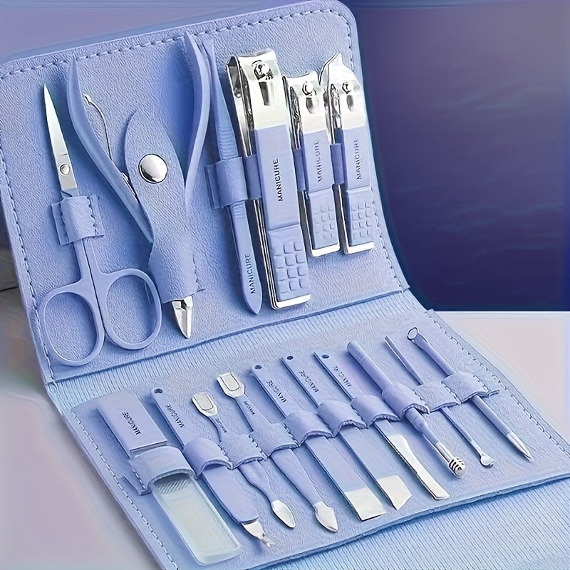 Set 16 pièces soins des ongles en acier inoxydable, lime, cure-oreille et ciseaux, style moderne, idéal voyage et usage professionnel.