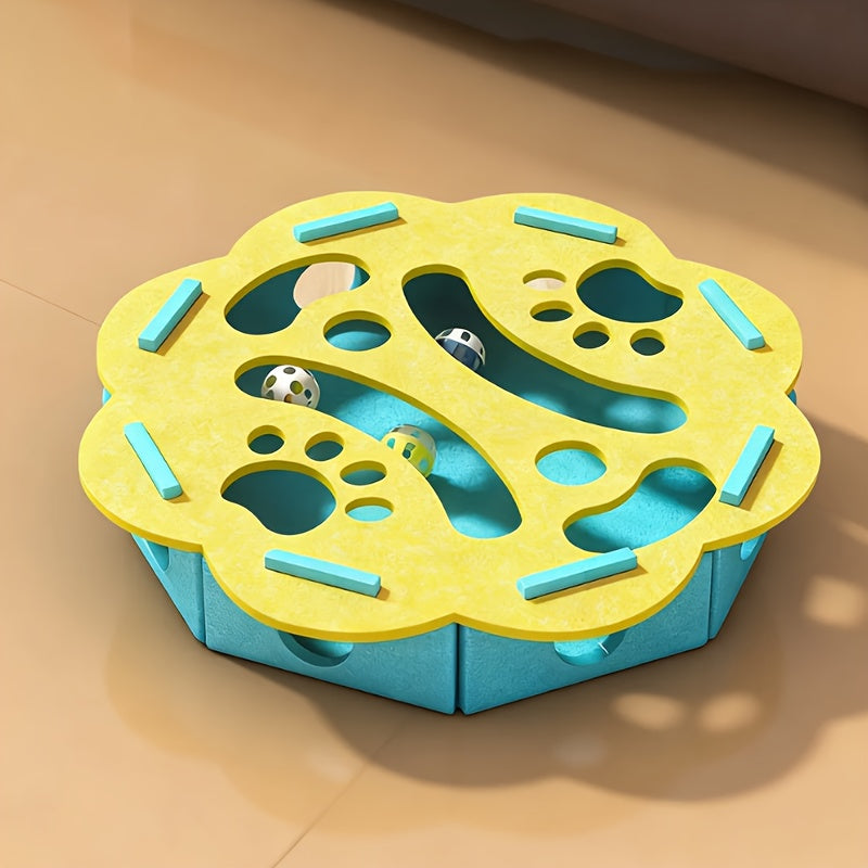 Jouet interactif pour chat, tunnel et balle à cloche, matériau durable, sans batterie, design géométrique, favorise activité et stimulation mentale.