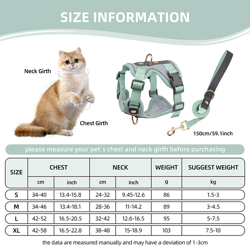 Harnais et laisse haut de gamme pour chats et chiens, maillage respirant, résistant, rivets décoratifs, D-ring doré, idéal promenades et entraînement.