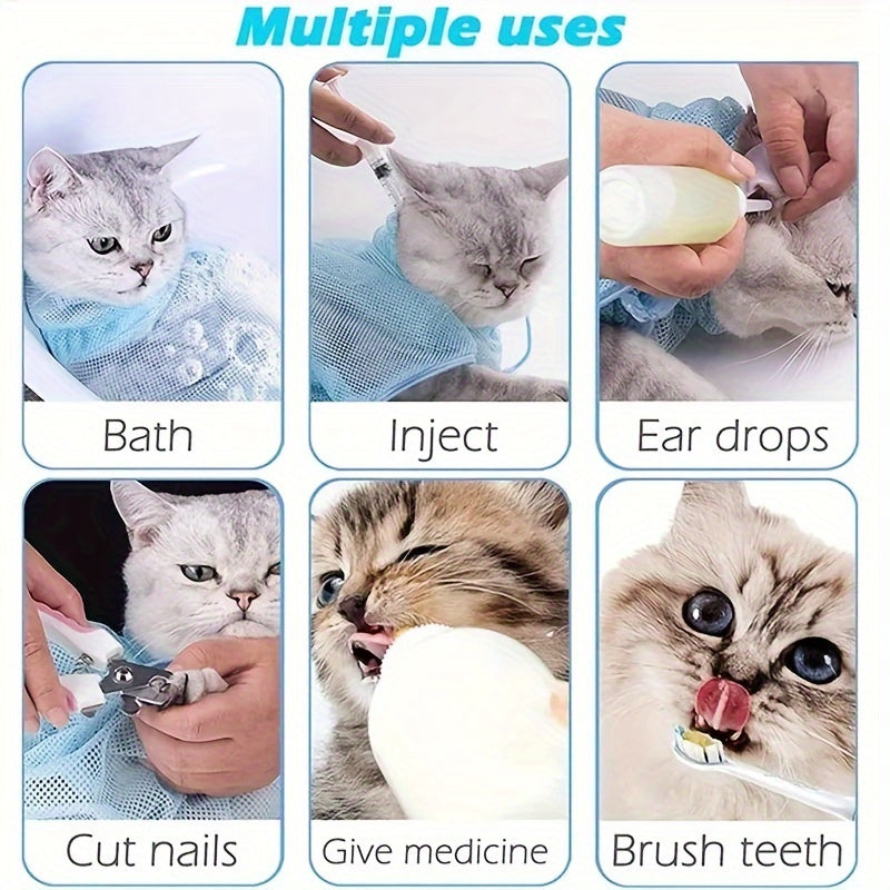 Sac de toilettage WhiskerWonders pour chat, polyester ajustable, maille respirante, non électrique, assure bain sécurisé et confortable.