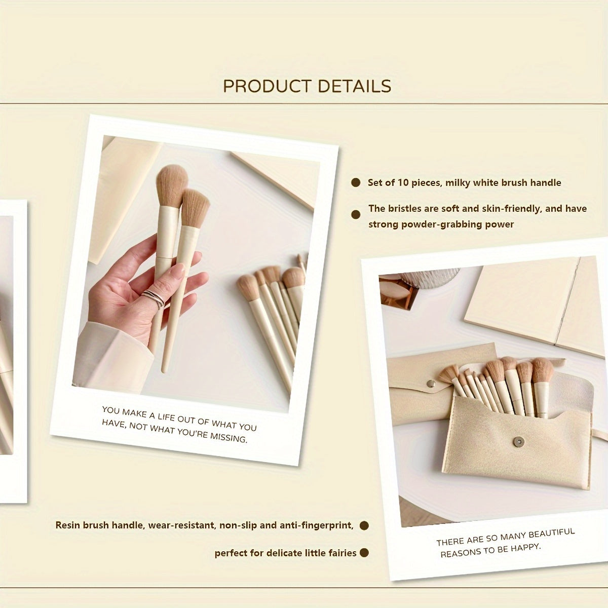 Set of 10 makeup brushes with leather case, soft hypoallergenic bristles, for powder, foundation, blush, eyes and highlighter, convenient for travel.