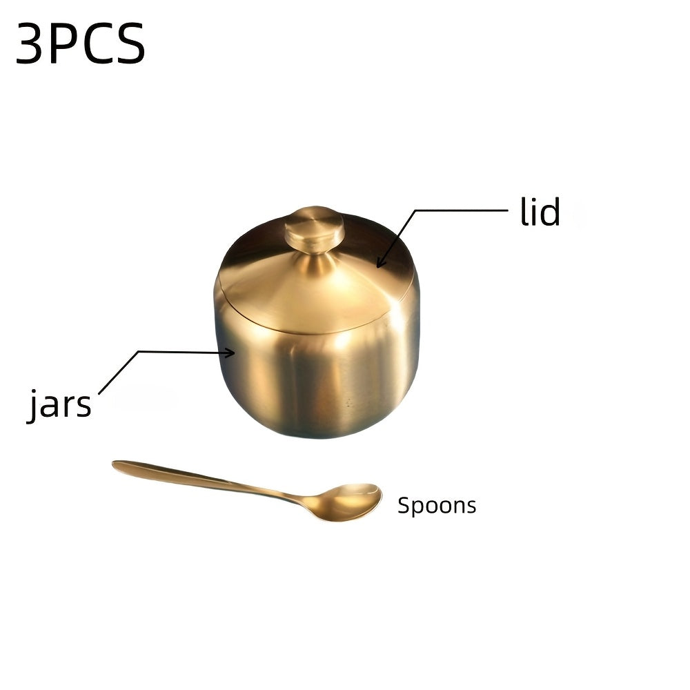 Lot 3 pcs : pot, couvercle et cuillère, acier inoxydable, multi‑usage pour sel, sucre, épices, installation sans perçage, réutilisable.