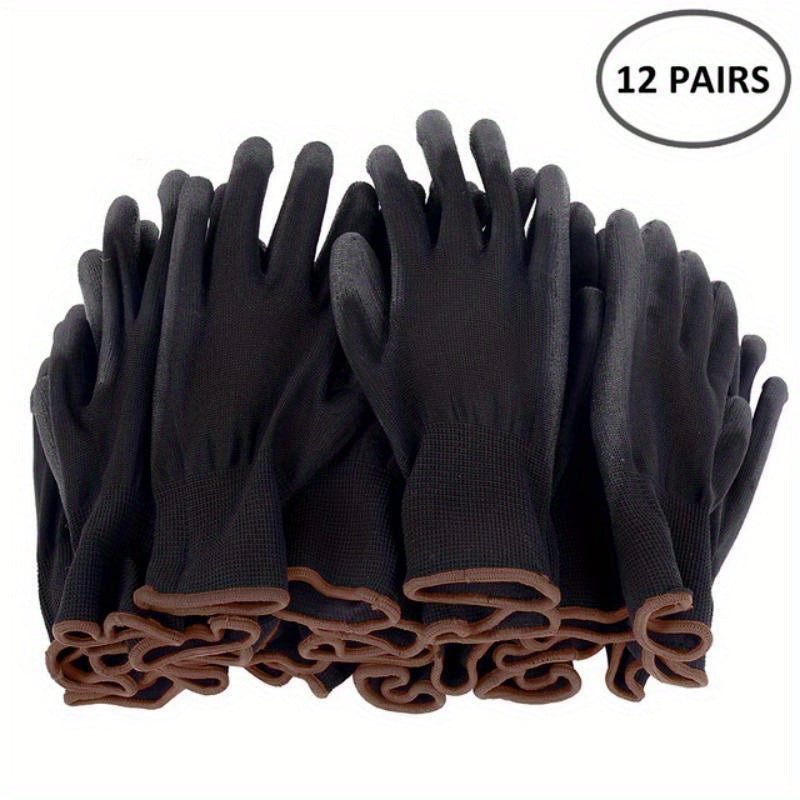 Lot de 12 paires de gants de travail résistants, antidérapants et antistatiques, adaptés jardinage, bricolage et usage industriel sécuritaire.