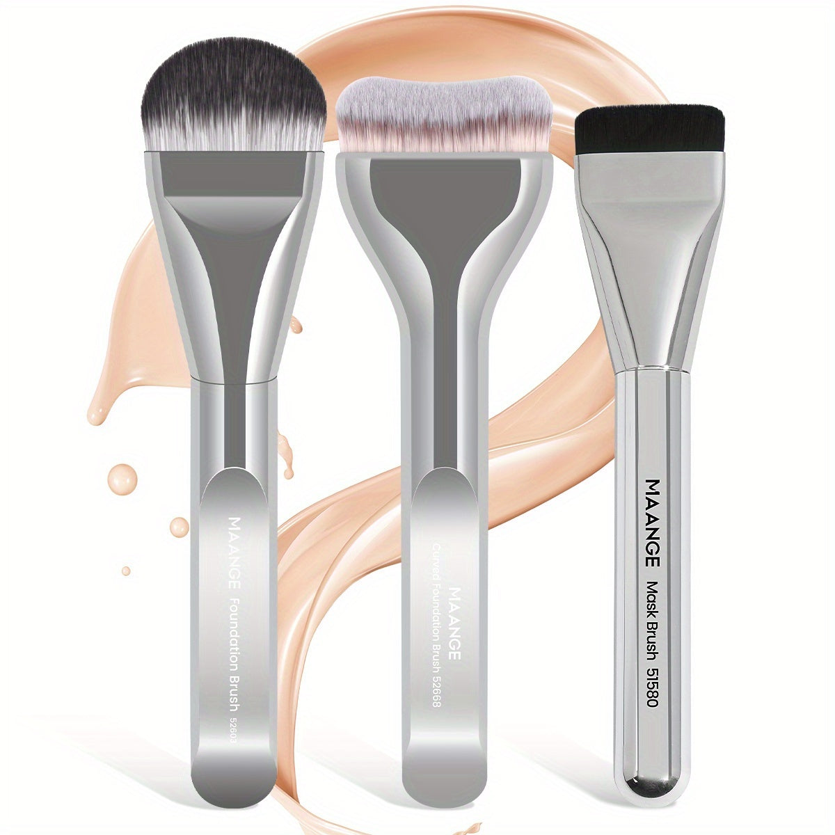 MAANGE 3-piece set: aluminum makeup brushes, Kabuki foundation brush, soft and thick bristles, beginners, portable and easy to use.