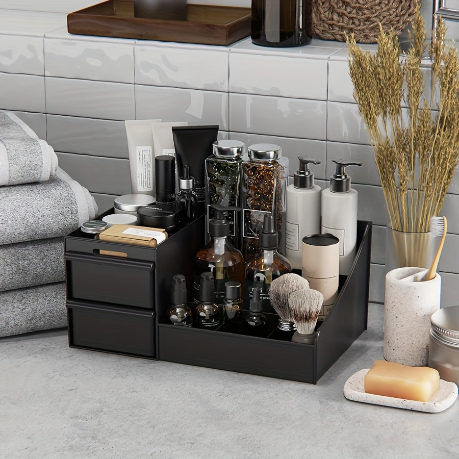 Organisateur de comptoir pour homme en plastique, compartiments multiples et étagères réglables, rangement moderne pour parfums, soins et articles de toilette, gain de place.