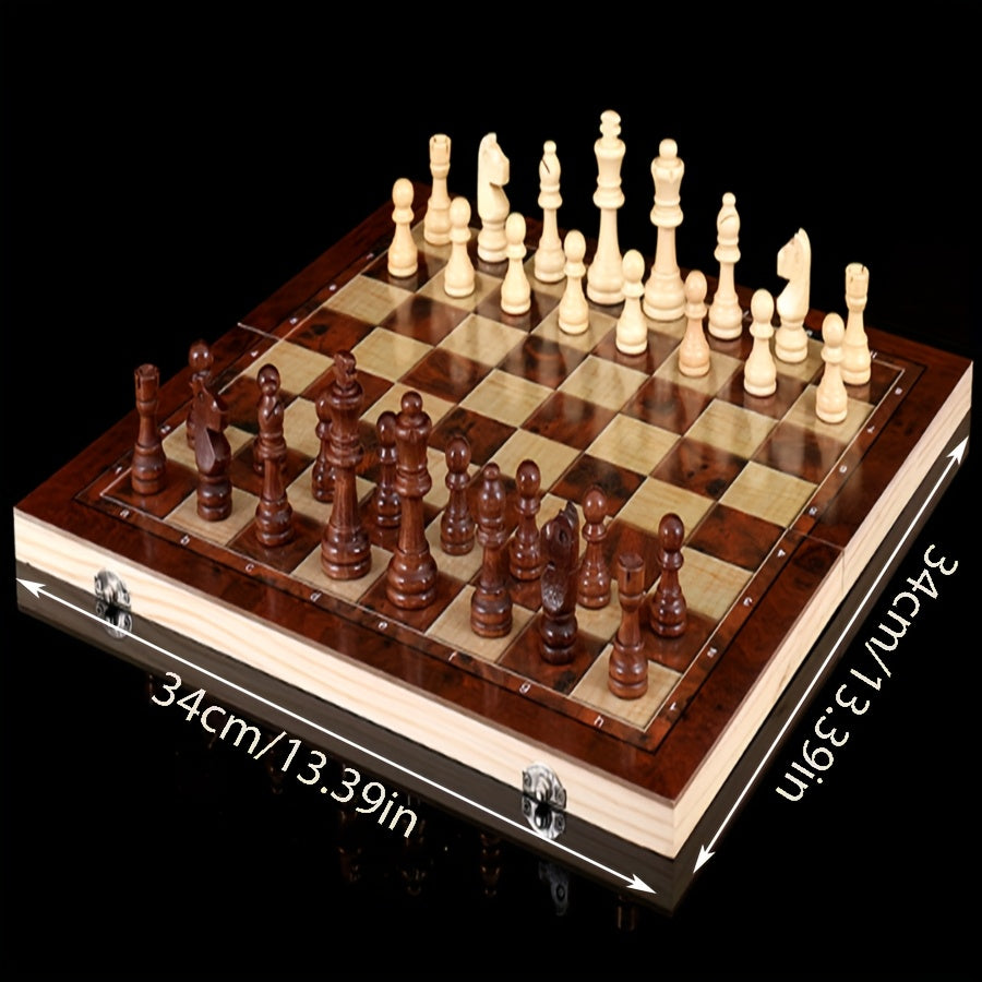 Wooden 3-in-1 chess set, foldable and portable, sizes 24 cm and 34 cm, ideal for games on the go.