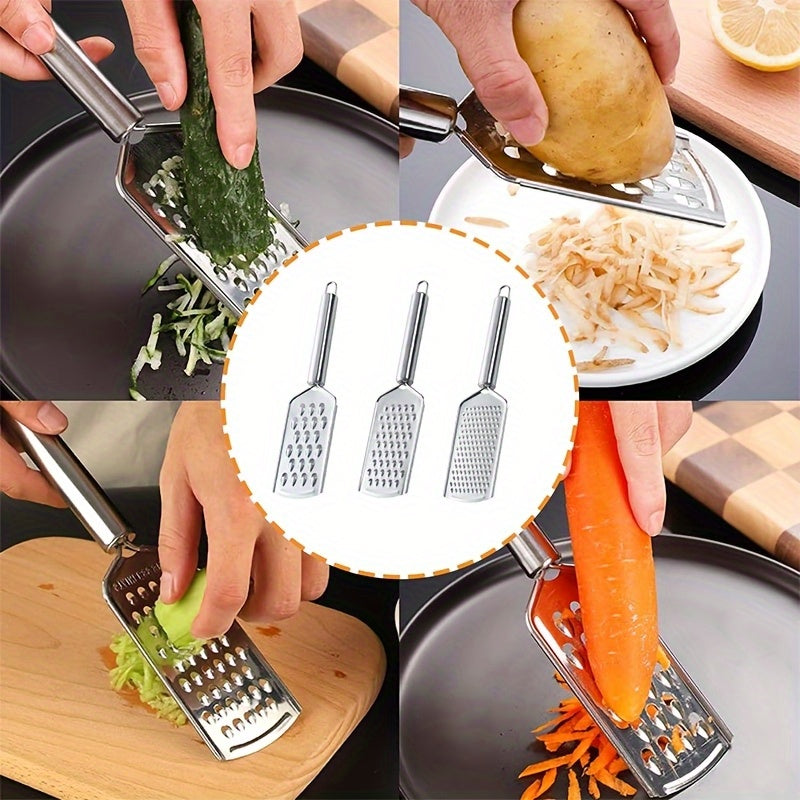 Set of 3 stainless steel kitchen utensils: peeler, grater and can opener, versatile for fruits, vegetables and potatoes.