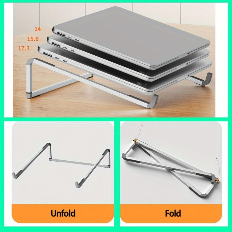 Support pour ordinateur en alliage d’aluminium, réglable, pliable et portable, structure métallique robuste, idéal pour bureau et déplacements.