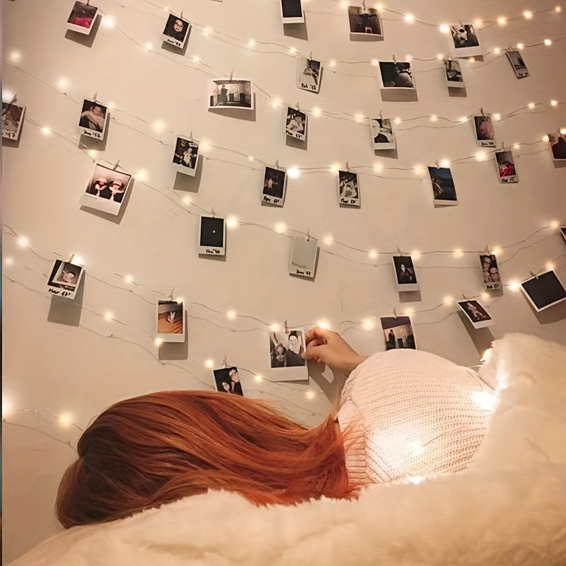 Guirlande lumineuse photo 10 m, 100 LED Fil cuivre avec 40 pinces, idéale pour chambres, fêtes, mariages, bars ou décoration murale, fonctionne sur piles.