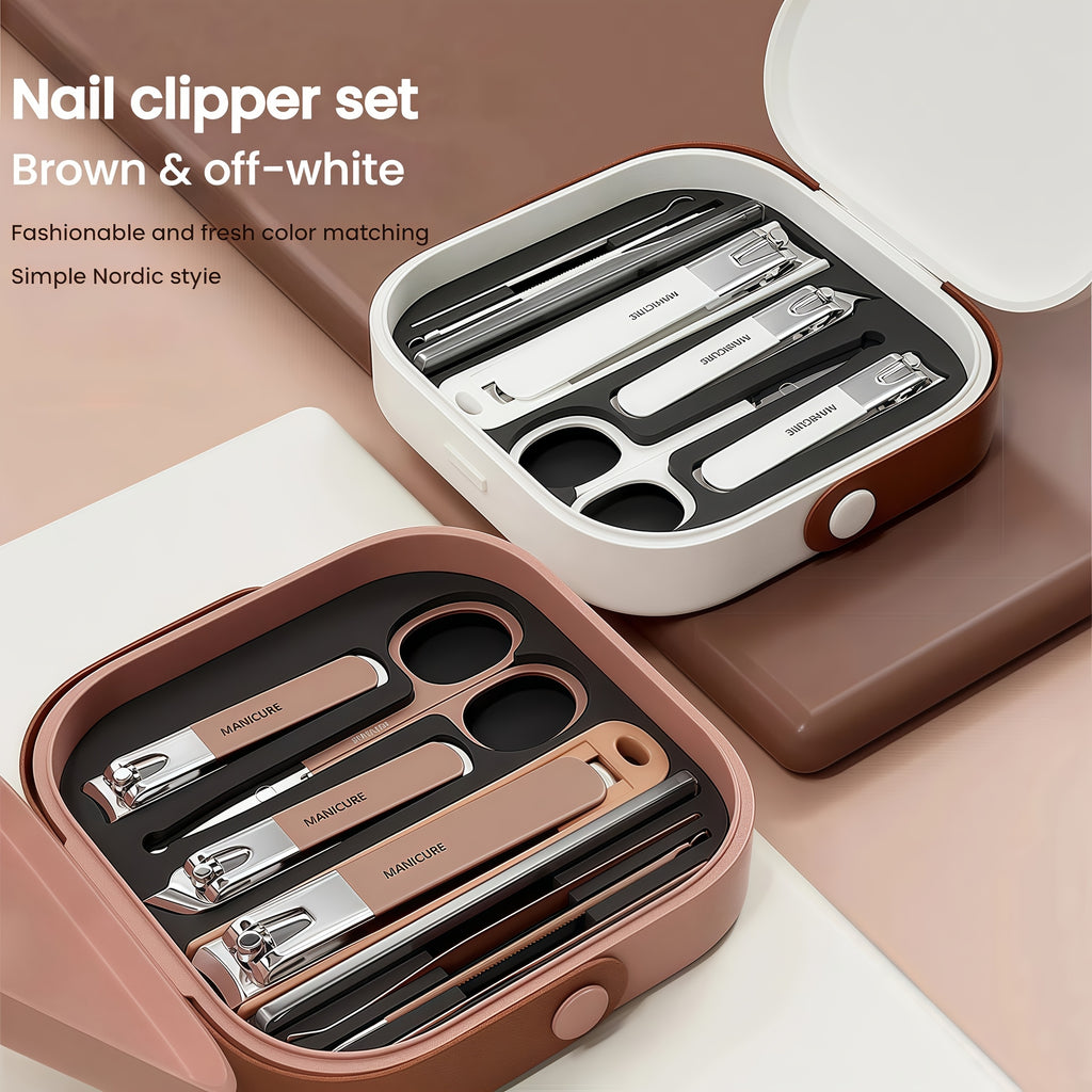 Set de 8 coupe-ongles en acier inoxydable avec boîte de rangement, étanche et portable, parfait pour soins personnels et voyage.