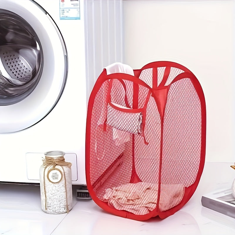 Large capacity collapsible mesh laundry basket with ergonomic handles, ideal for bedroom, bathroom or living room, available in black or red.