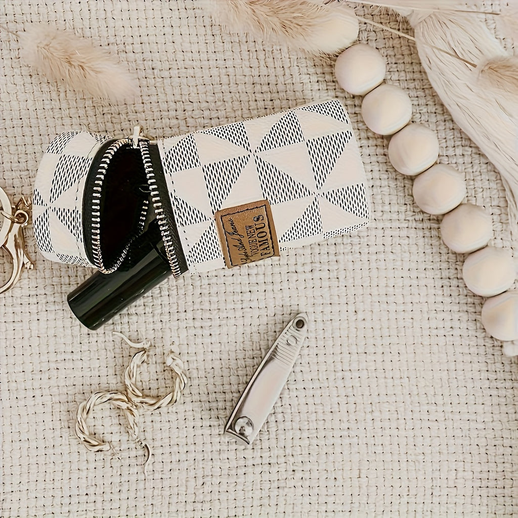 Porte-monnaie rond et étui à rouge à lèvres, PU durable, motif géométrique, fermeture éclair noire, porte-clés doré, grande capacité pour pièces et argent.