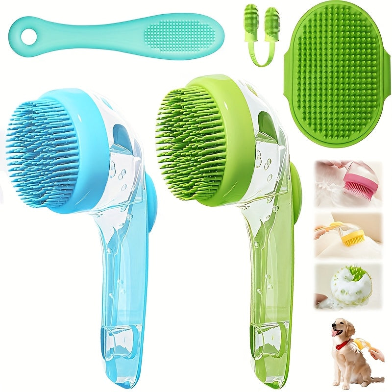 Brosse de bain douce pour chiens et chats, avec distributeur savon/shampoing, massage et nettoyage adaptés poils longs et courts.