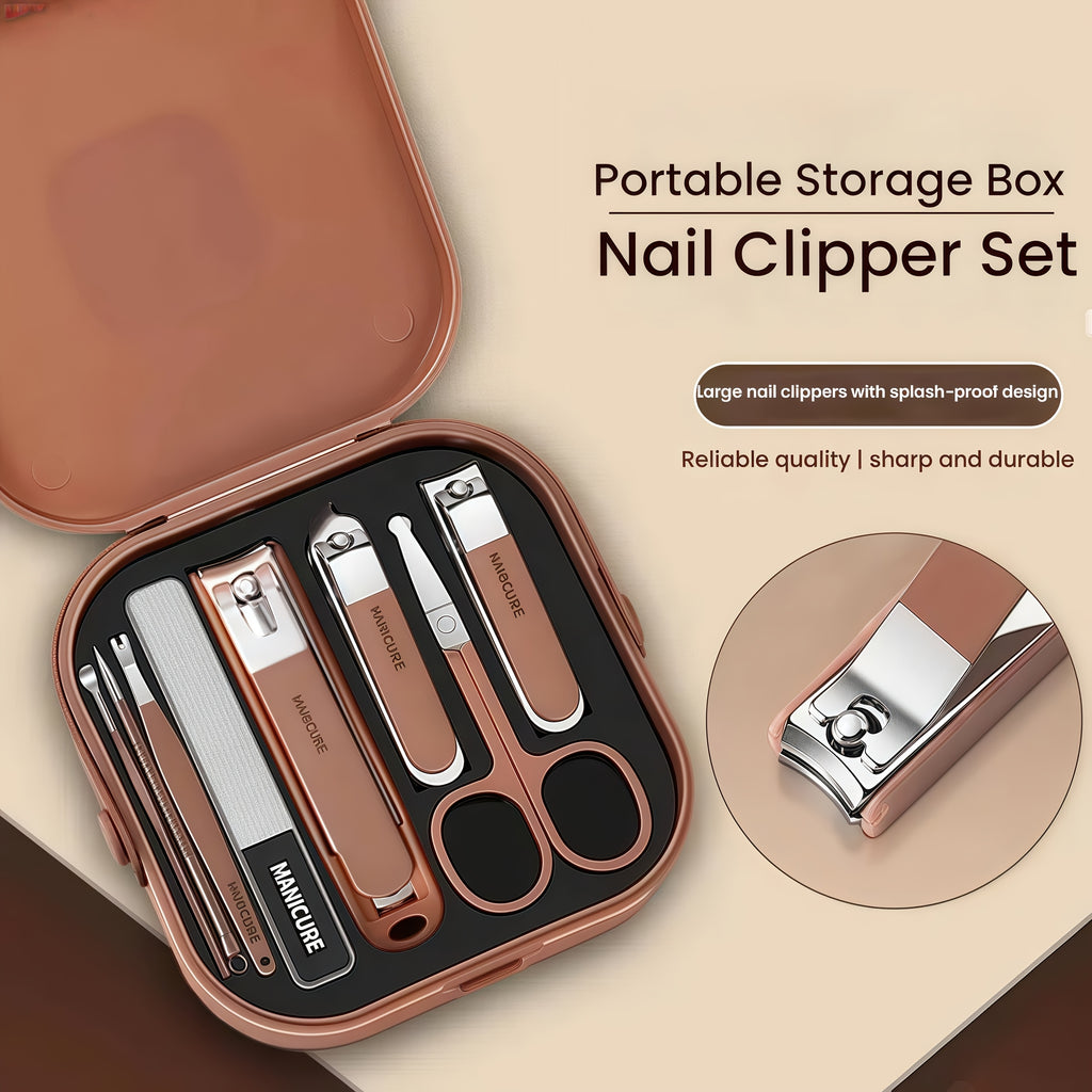 Set de 8 coupe-ongles en acier inoxydable avec boîte de rangement, étanche et portable, parfait pour soins personnels et voyage.
