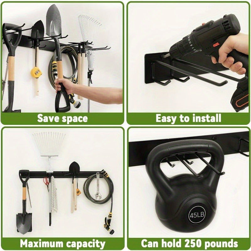 Support mural en fer robuste, rangement polyvalent garage et jardin, pour pelles, râteaux et balais, gain de place, finition métallique noire.