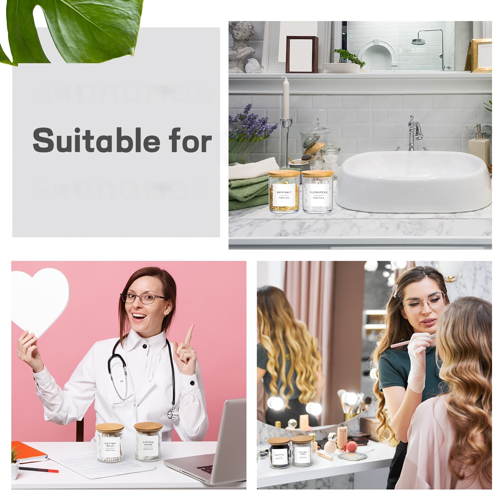 Lot de 4 pots transparents de 10 oz avec couvercles, idéal pour cotons, maquillage et accessoires de salle de bain.