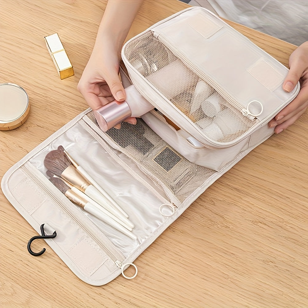 Trousse de toilette voyage grande capacité, tissu sergé résistant, crochet suspendu, fermeture éclair, intérieur spacieux, légère et anti-décoloration, idéale gym et déplacements.