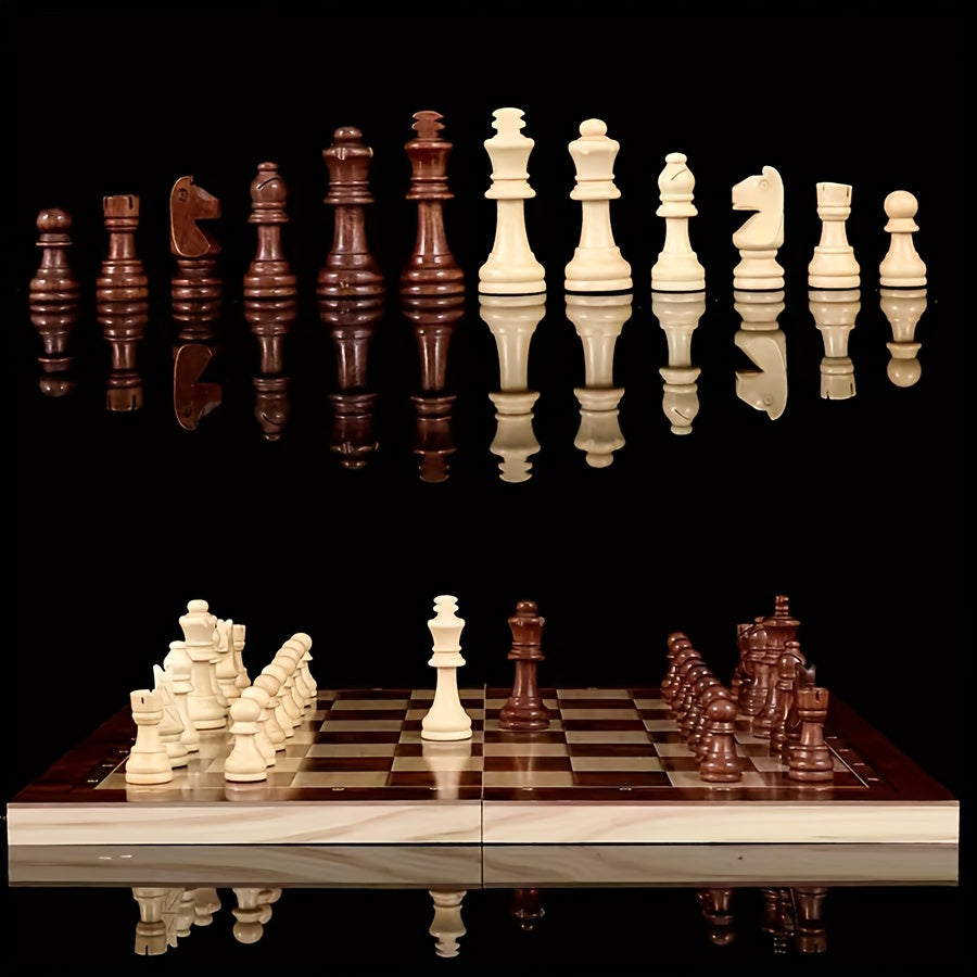 Wooden 3-in-1 chess set, foldable and portable, sizes 24 cm and 34 cm, ideal for games on the go.