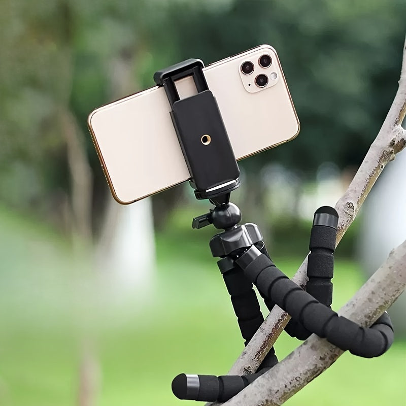 Flexible Octopus Tripod: Portable support for smartphone and camera, 360° rotation, foam grip, adjustable, universal clip, ideal for photo and video.