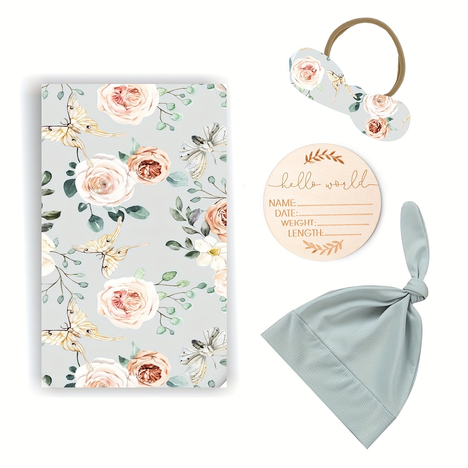 طقم بطانية التقميط والقبعة من سينكوبيبي، مصنوع من البوليستر الناعم بنقوش زهرية، قابل للغسل في الغسالة، ويشمل ربطة رأس وبطاقة شهرية.